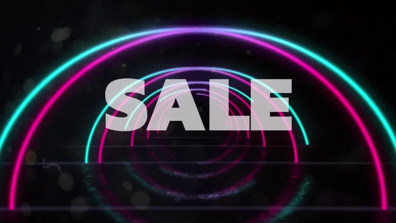 검은 바탕에 추상적인 모양을 가진  ⁇  글자로 판매 텍스트의 애니메이션