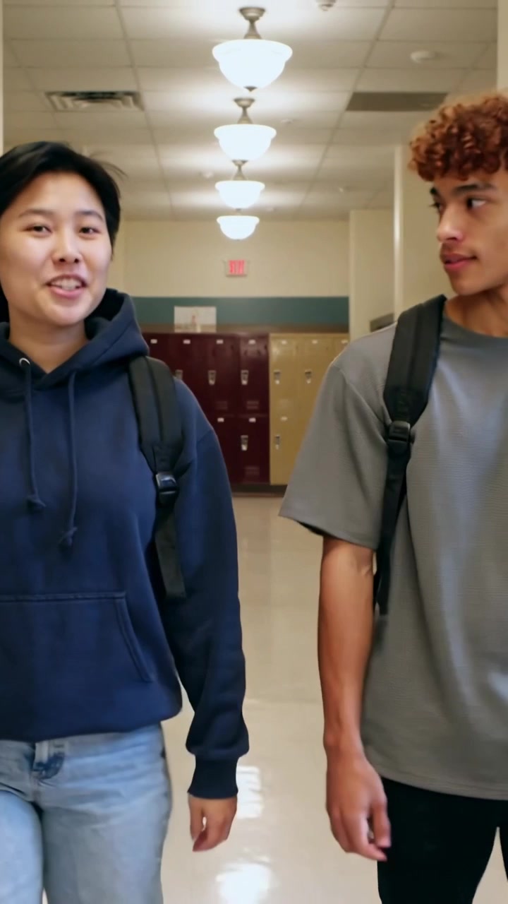 Vídeo vertical: Alunos caminhando e conversando, entrando no corredor da escola, usando moletom com capuz, camiseta e mochilas