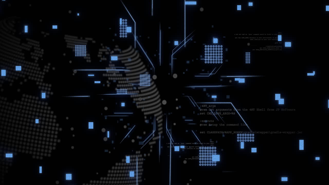 Animation of circuit board and digital data processing over black background