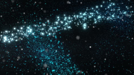 animation of glowing shooting star flowing with snow falling on black background