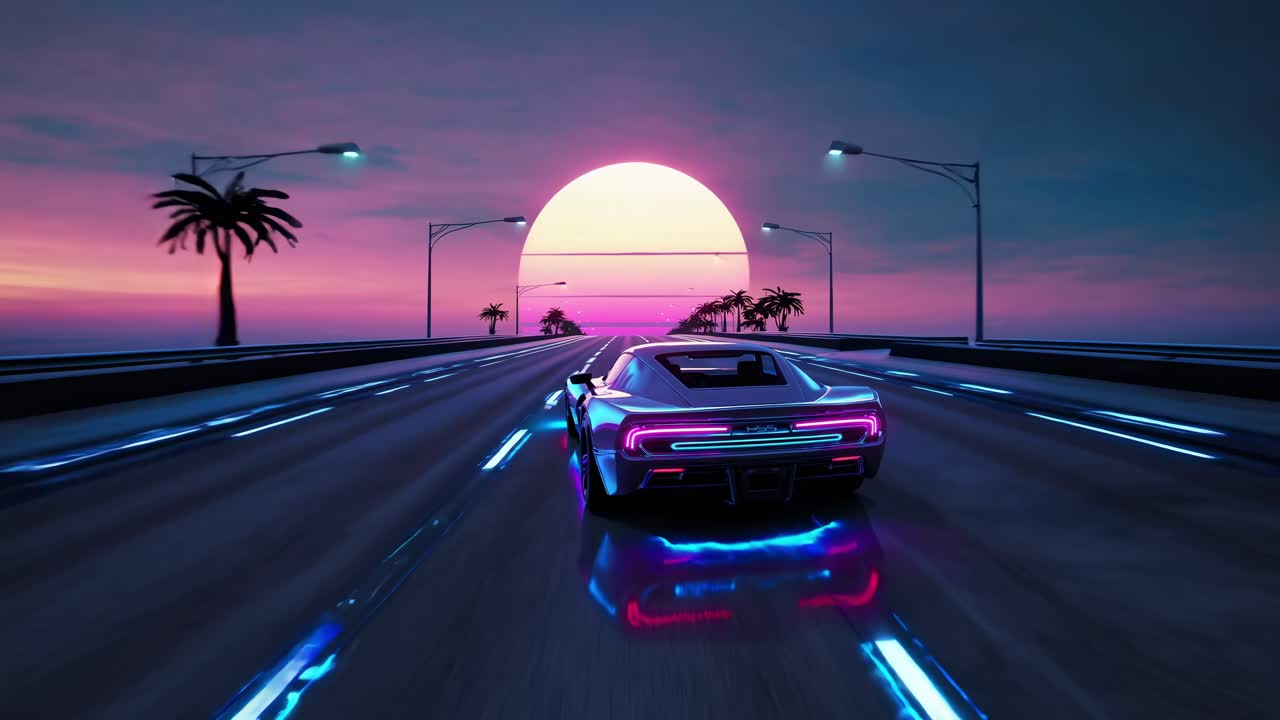 Futuristic sports car speeding down neon lit highway towards setting sun, with palm trees lining the road and glowing lines creating a dreamy, otherworldly atmosphere