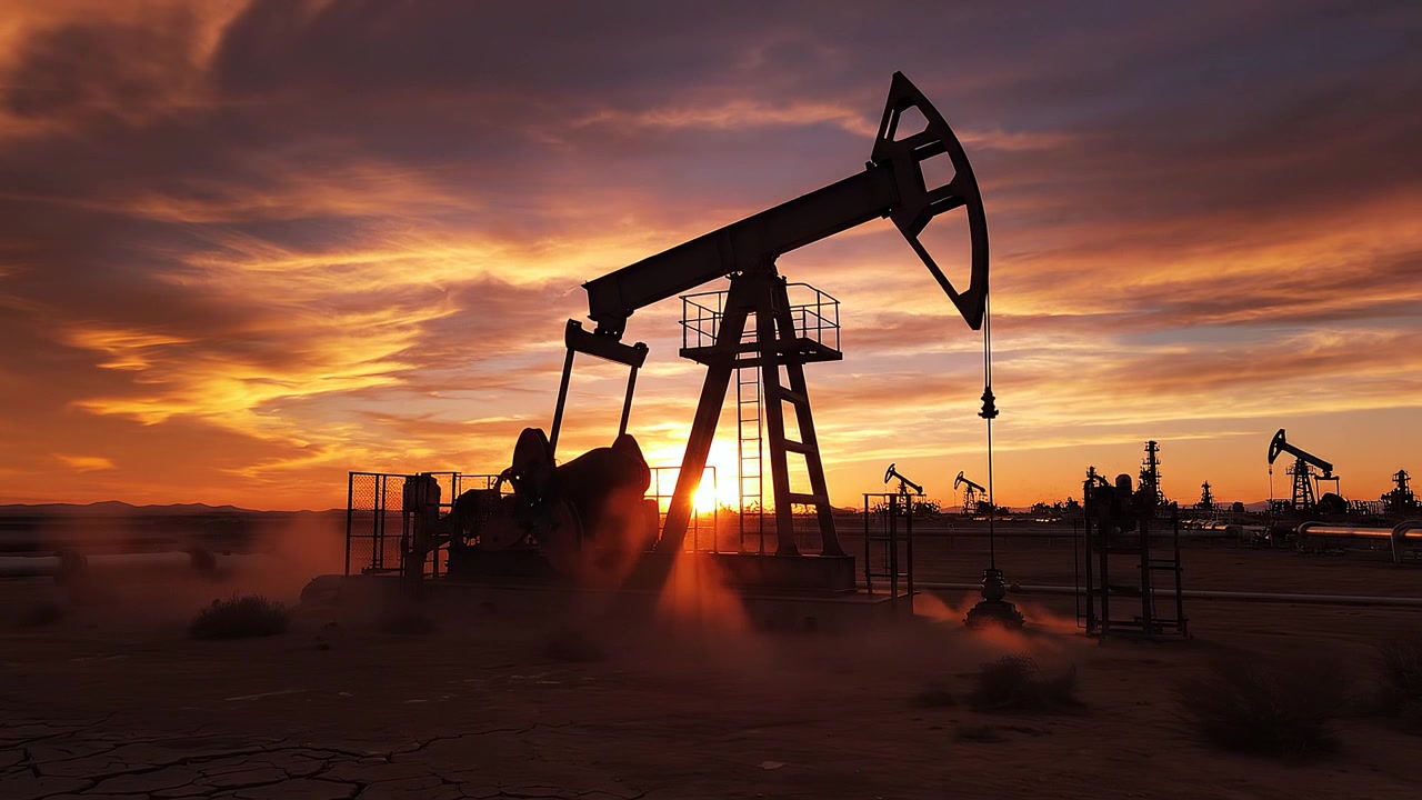 Industriel olieudvinding med pumpjack ved solnedgang i ørkenlandskab
