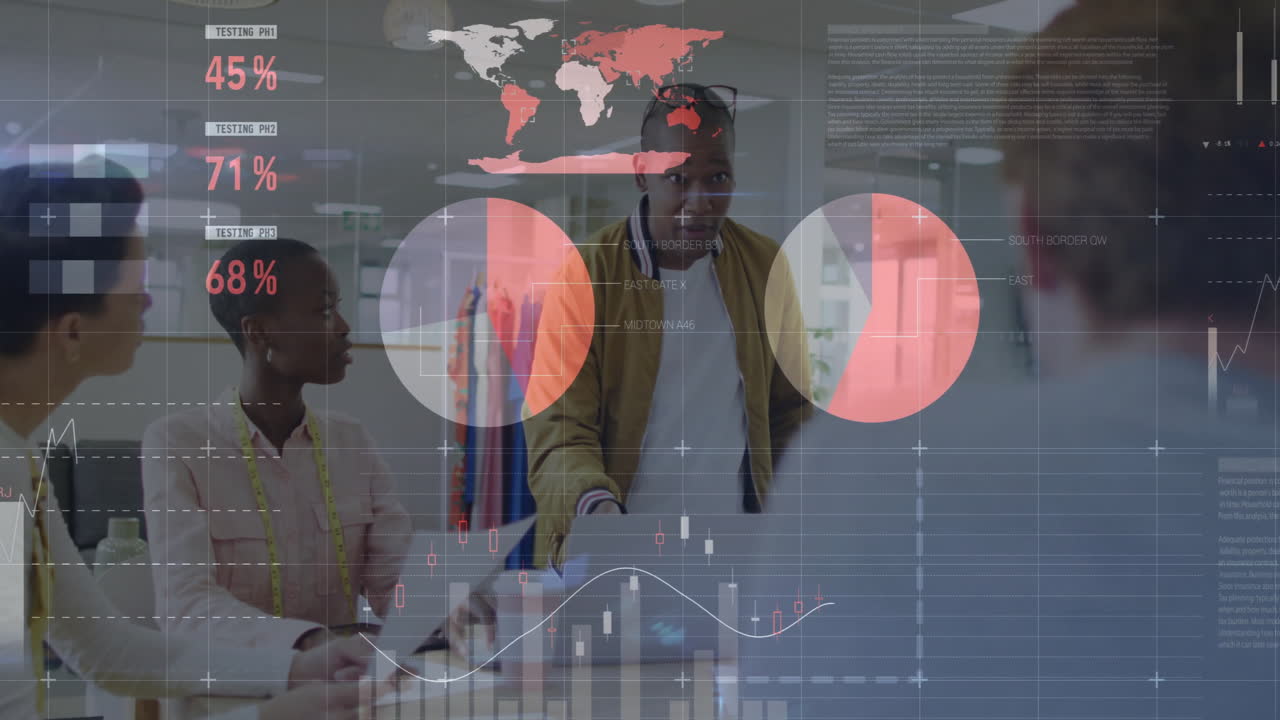 Animation of data processing and diagrams over diverse colleagues discussing work in office