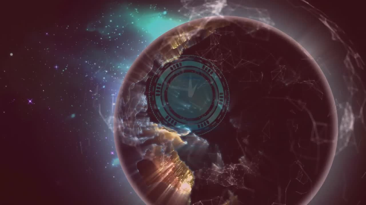 animación de reloj de neón sobre un globo giratorio en el espacio