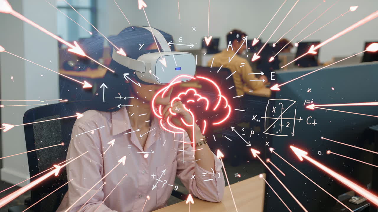 Žena ve VR brýlích ponořená do abstraktních dat a matematických pojmů