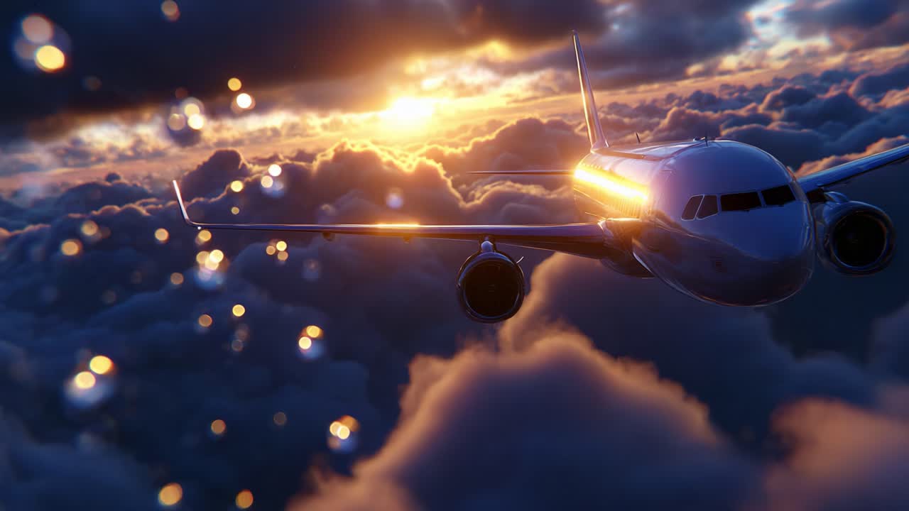 A stunning view of an airplane soaring through the sky at sunset, surrounded by fluffy clouds and the warm glow of sunlight reflecting off its sleek surface, showcasing the beauty of aerial travel at dusk