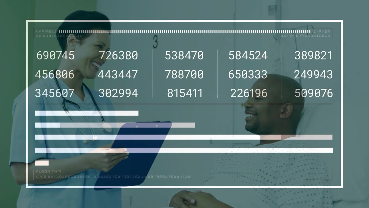 Clinician holding blue clipboard causing health data overlay while sharing results, patient sitting