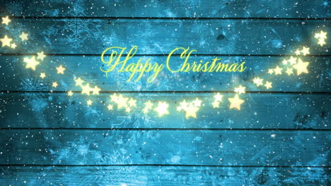 snowflakes falling over happy christmas text and fairy lights against red wooden background