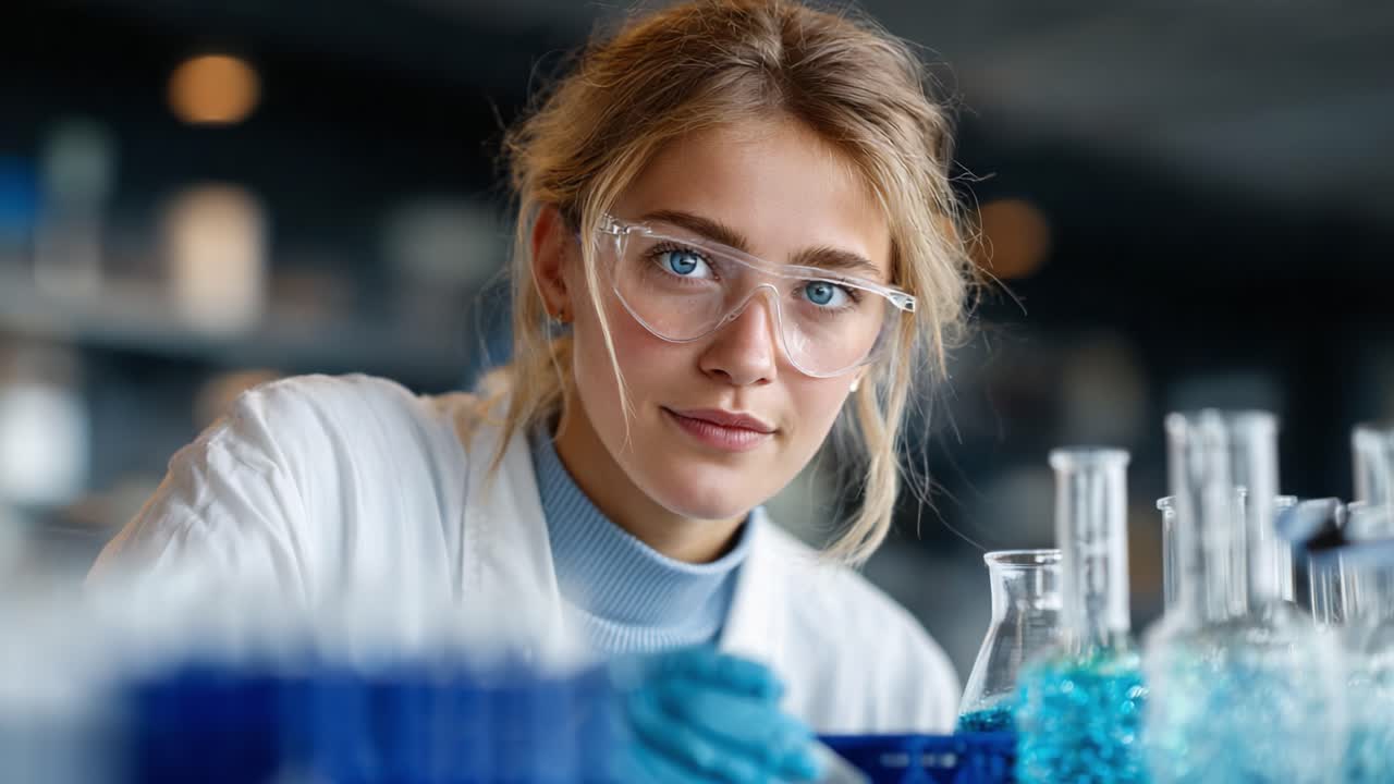A Focused Young Scientist Conducting Experiments in a Modern Laboratory, Analyzing Chemical Reactions with Precision and Care, Capturing the Essence of Scientific Inquiry