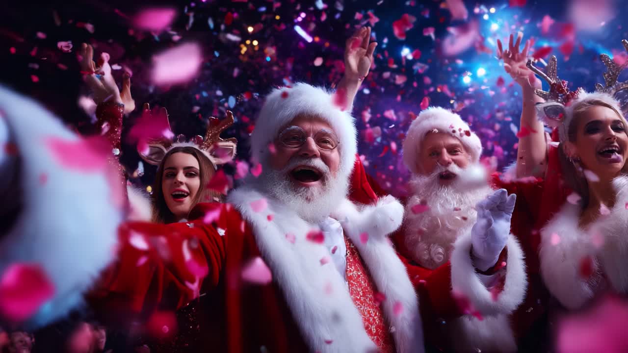 A Joyous Celebration of the Festive Season Captured in Two Stunning Frames Filled with Santa Clauses, Cheerful Participants, and a Vibrant Atmosphere All Around, Highlighting the Spirit of Christmas Moments