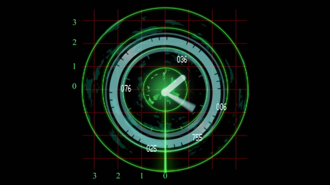 Vídeo vertical: HUD tecnológico iniciando rotação no sentido horário, enquanto uma varredura verde pulsa revelando sinais numéricos.
