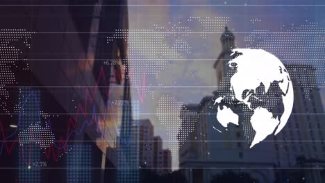 animation of globe, world map and financial data over cityscape