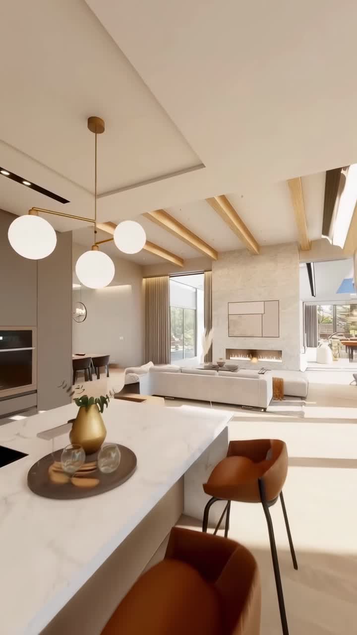 Fermo immagine video di cucina moderna, vista grandangolare, che mostra un design elegante e luce naturale.