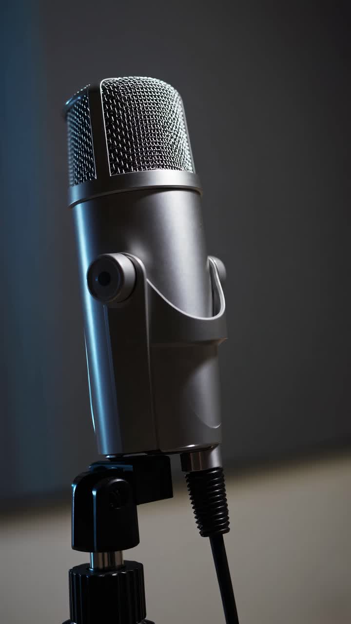 Close-up angled shot of a professional microphone, capturing its sleek metallic design