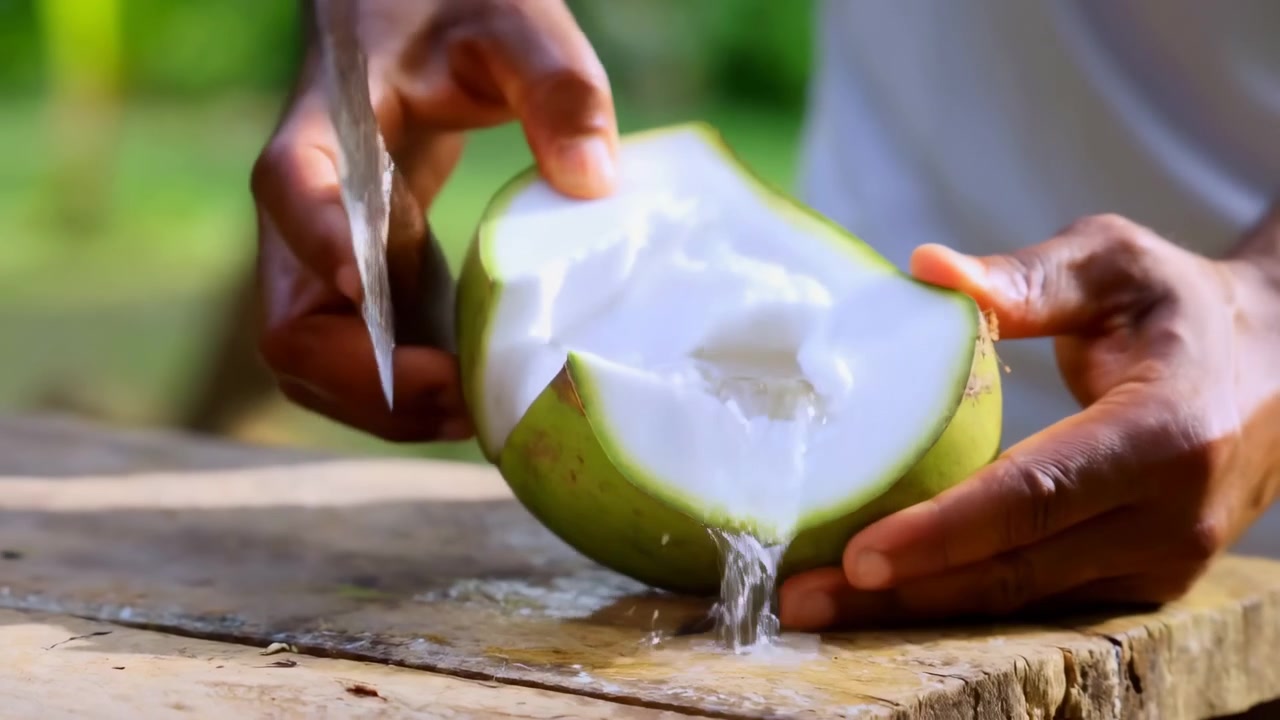 Two adult hands open fresh green coconut with cleaver, releasing coconut water onto rough wooden table in tropical outdoor light, with rustic texture, fresh produce, and natural refreshment
