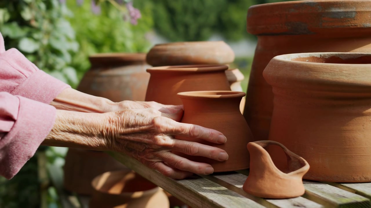 Primo piano in movimento che mostra mani anziane che afferrano e regolano un vaso medio di terracotta non smaltata, tra vasi di argilla raggruppati su uno scaffale a doghe di legno invecchiato, ambientato su uno sfondo sfocato di giardino.