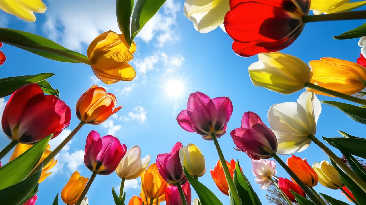 Vibrant tulips shot from a low angle against a bright blue sky, capturing a lively and colorful