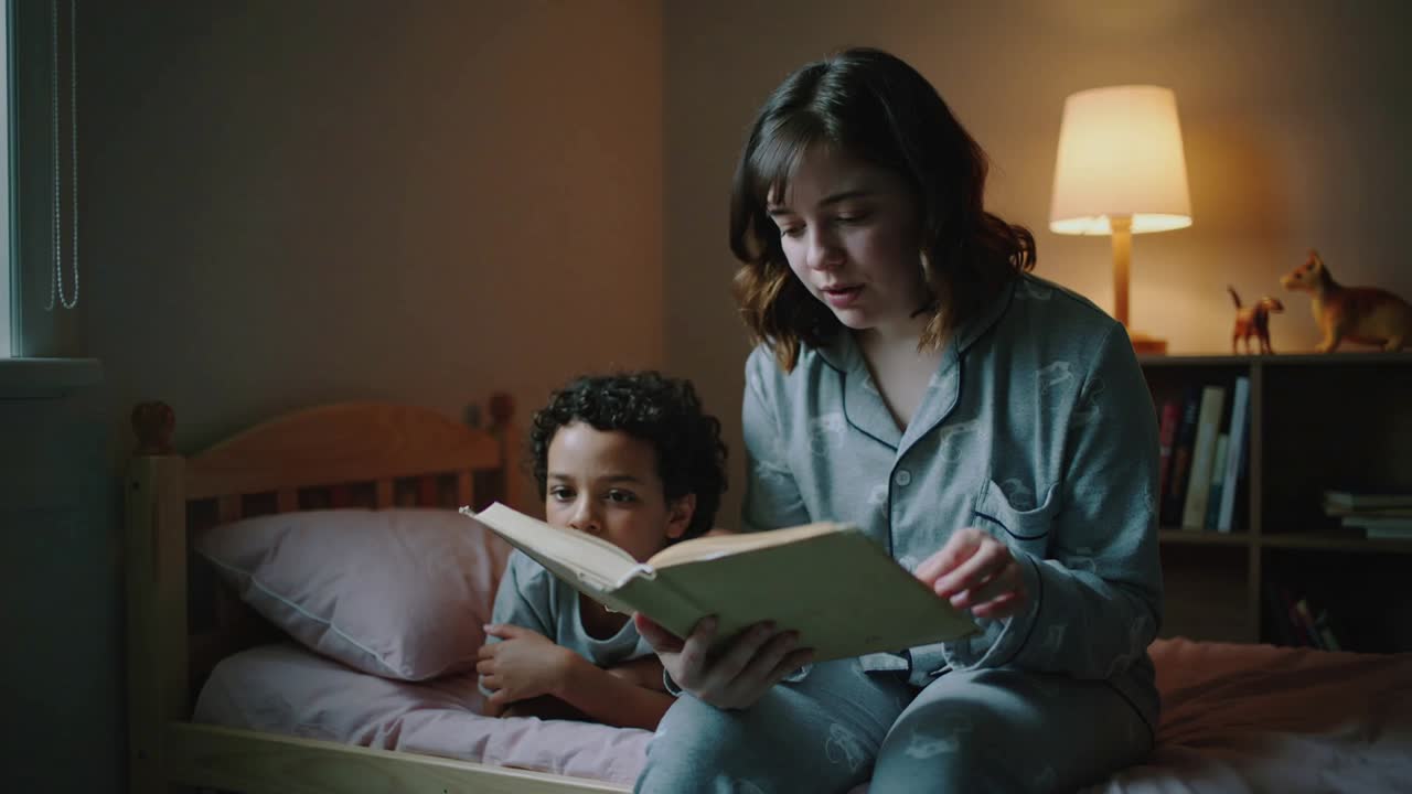 Holding large book, mother in gray pajamas turning pages, reading aloud on child's bed, for bedtime