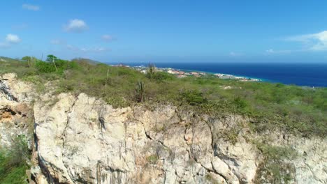 Drone-rises-above-dry-exposed-rock-to-reveal-tropical-caribbean-suburb-paradise