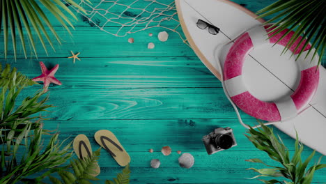 summer beach items on turquoise wooden background in seamless loop animation