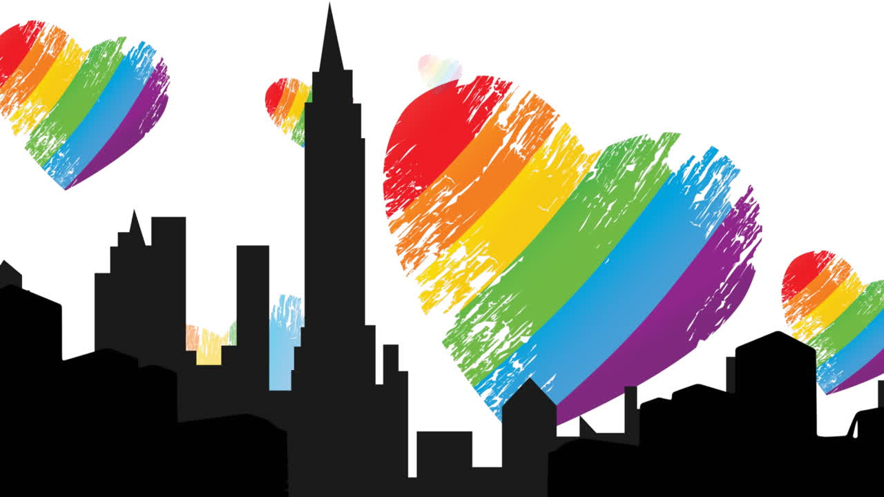 Animation of model of city over rainbow hearts