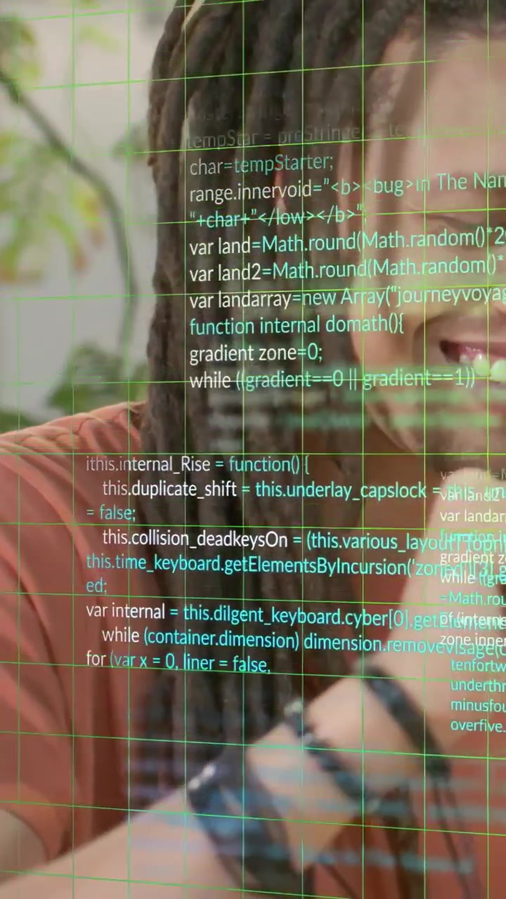 Vertical video: Man with dreadlocks raising hand causing green grid, code in tech demo reaching cup