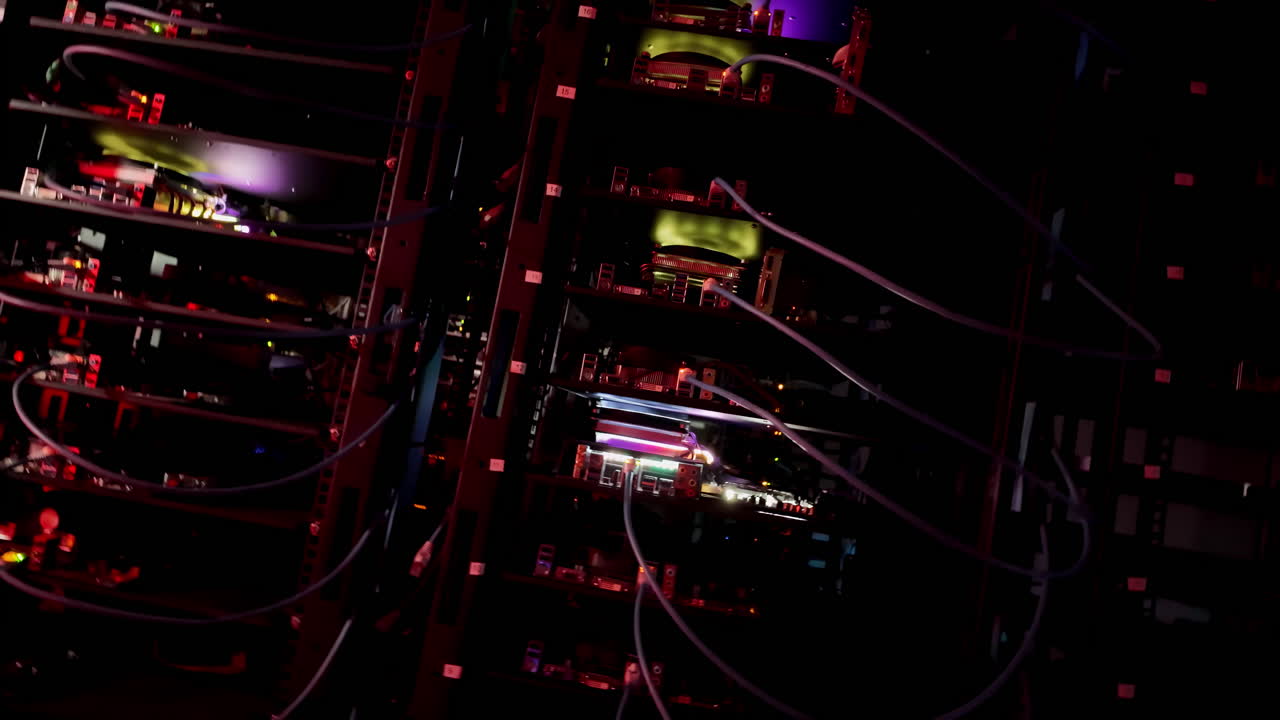 Close up of a server with flashing colourful lights in a data center