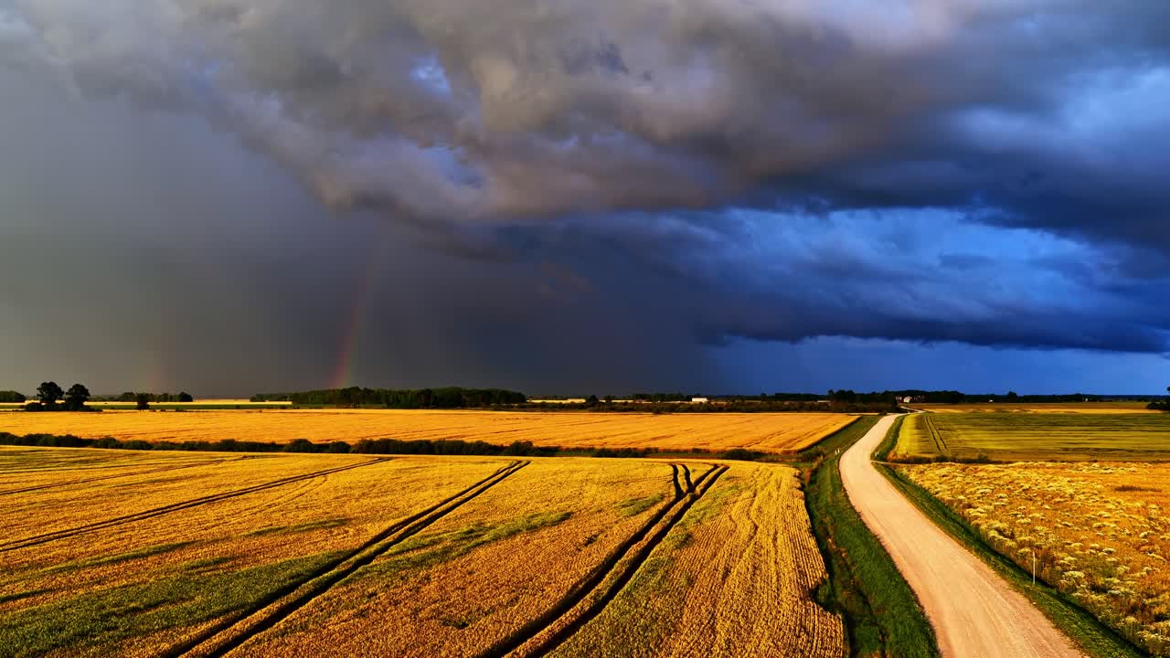 Een glimp van een regenboog is te zien onder dramatische luchten boven graanvelden. De graanvelden zijn versierd met tractorsporen