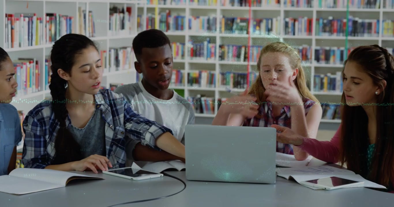 Animation of globe and soundwaves over multiracial students studying over laptop in library