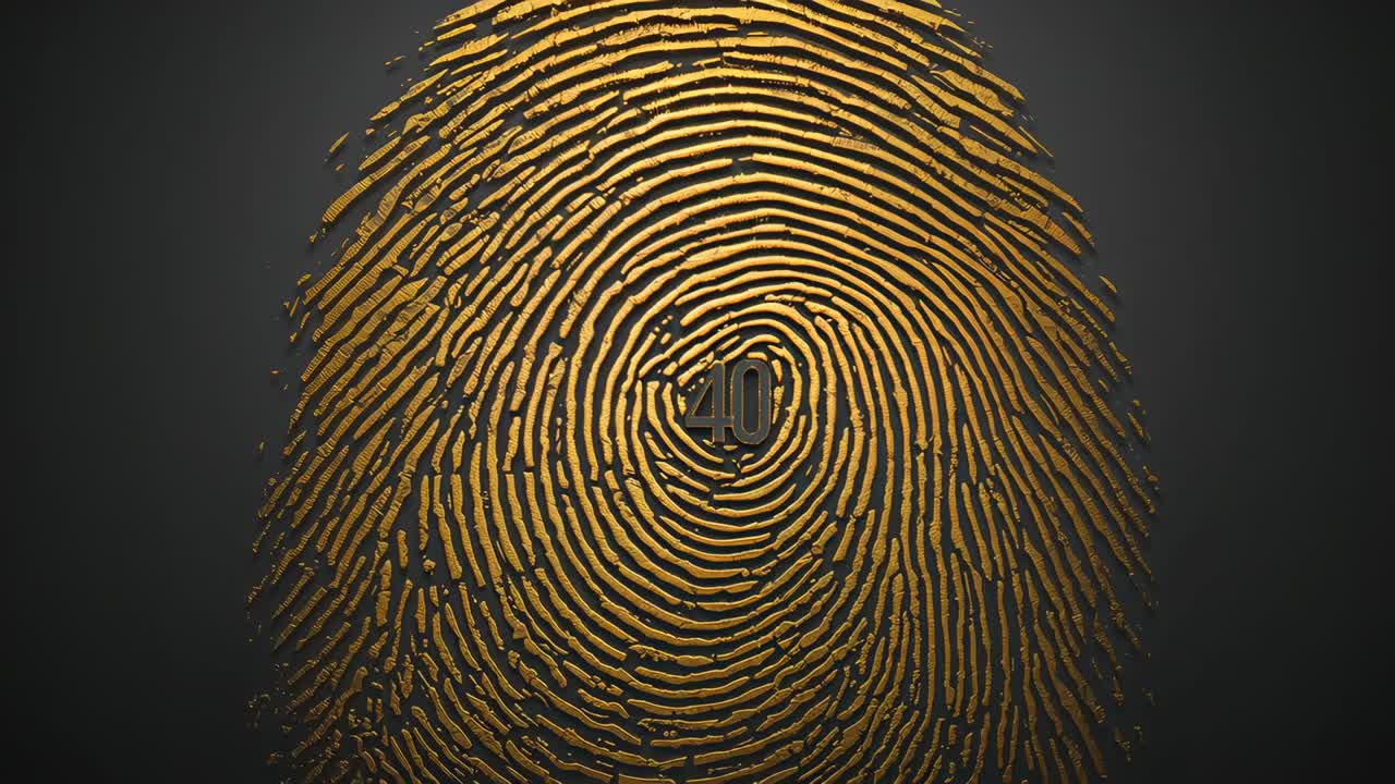 Lighting shifting revealing golden fingerprint forming on studio stage, with ridges and numeral 40