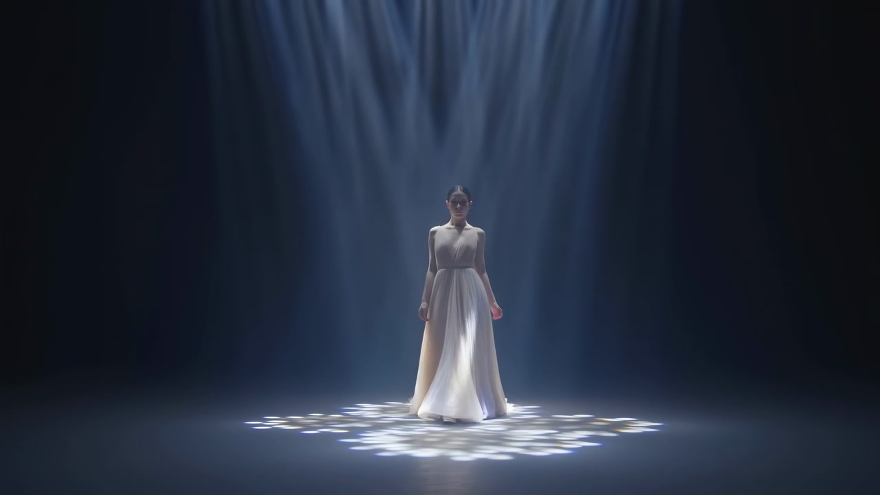 Full-length figure moves subtly forward as soft white fabric shifts under descending spotlights, with symmetrical framing, deep shadow, and luminous shapes spread across stage floor.