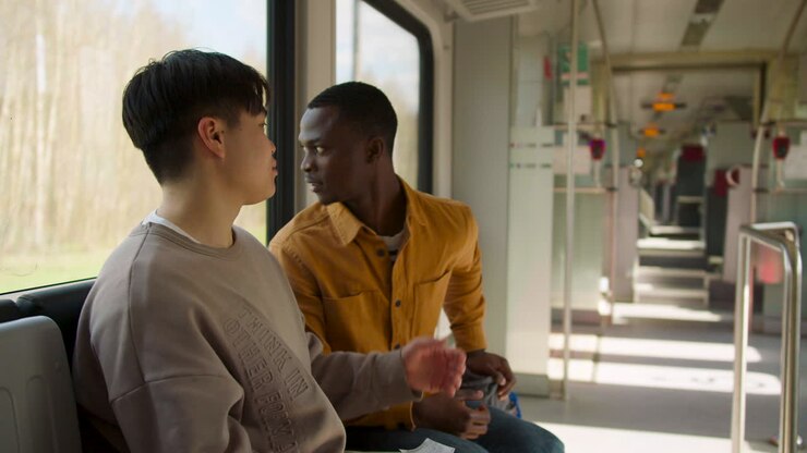 Friends talking in the train