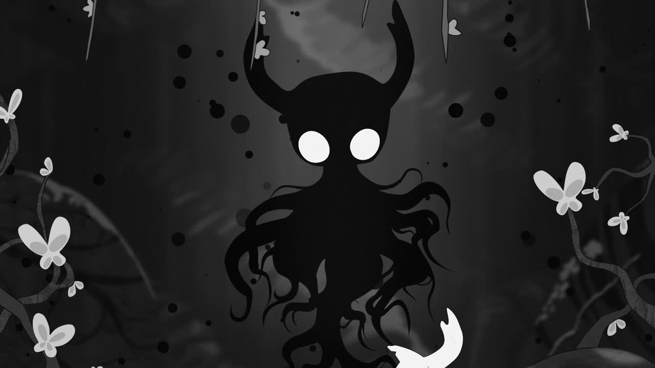 2D animation, Dark character levitates and moves his tentacles in black and white, floating particles, plants and butterflies move