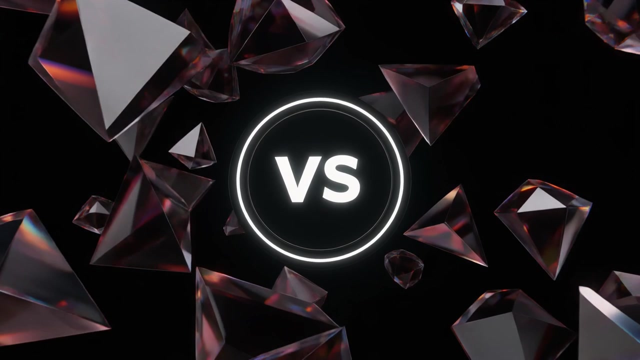 Versus Graphic Display with Floating Abstract Crystal Shapes