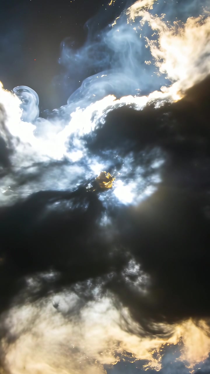 Video verticale: Nucleo luminoso che pulsa, cresce sopra le stelle con pennacchi, nuvole, scintille e un bordo dorato.