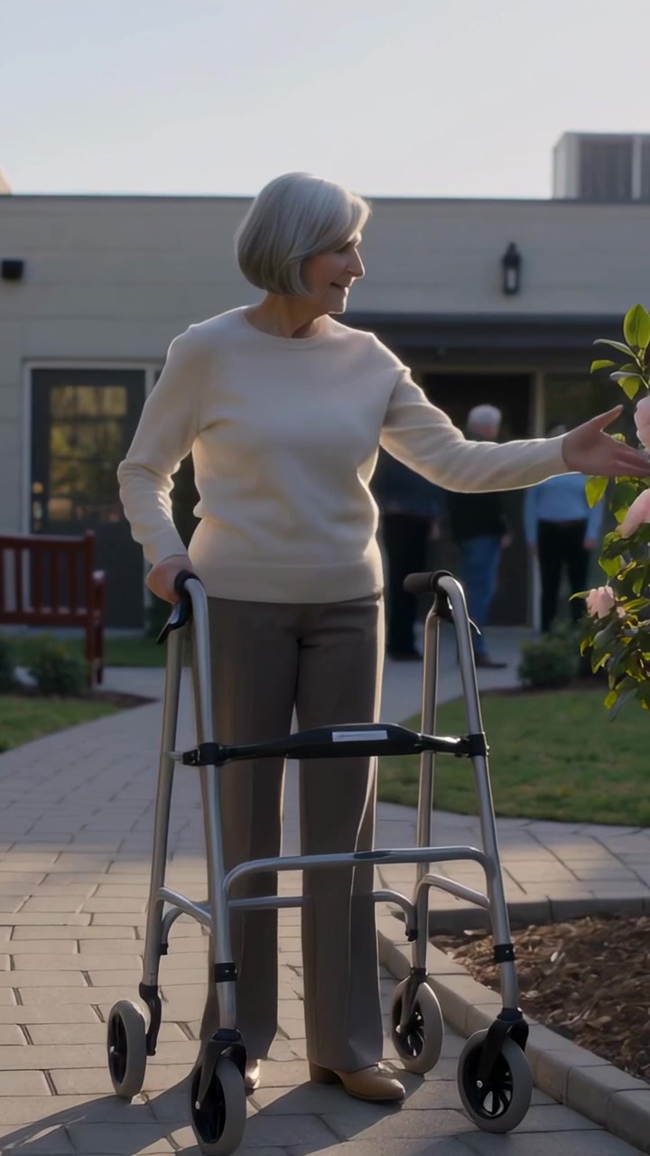 Vertikal video: Eldre kvinne i kremfarget topp forlater gårdsplassen, bruker rullator og inspiserer blomster