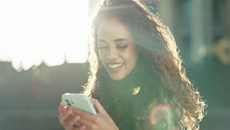 City,-funny-and-woman-with-a-cellphone