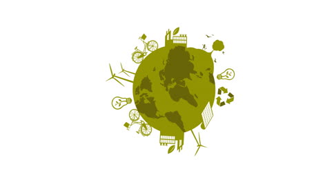 animation of green globe with eco icons on white background