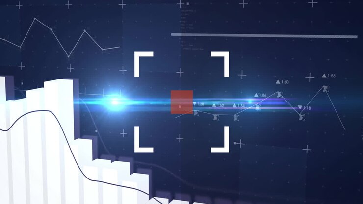Financial data analysis animation over bar and line graphs with target focus