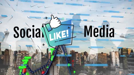 animation of social media and like icon over graphs and cityscape