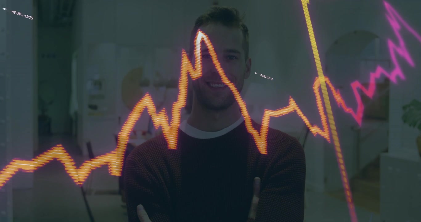 Uomo in piedi mentre grafici finanziari animati entrano nell'inquadratura mostrando tendenze e aggiustando la postura.