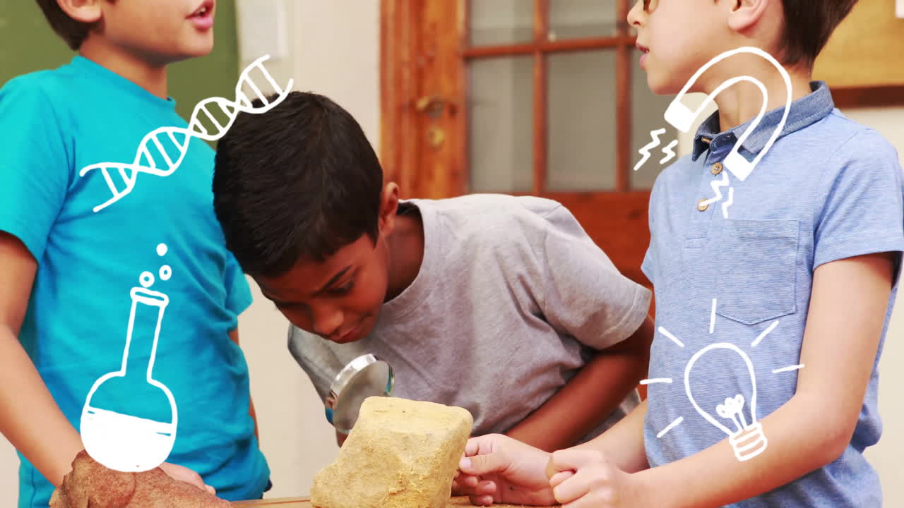 niños aprendiendo ciencias en el aula y animación sobre ellos