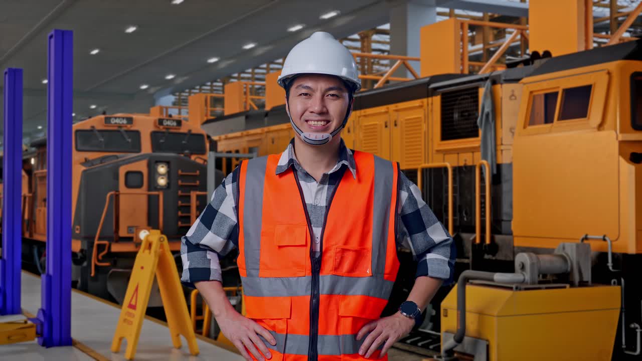 Ingegnere asiatico con casco di sicurezza sorridente alla fotocamera mentre è in piedi con le braccia conserte, ingegneri addetti alla manutenzione dei treni in un deposito