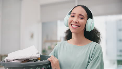 laundry, headphone and portrait of woman