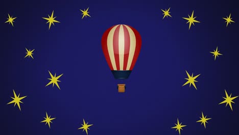 Animation-of-hot-air-balloon-over-stars-on-blue-background