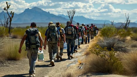 group hiking through desert landscape