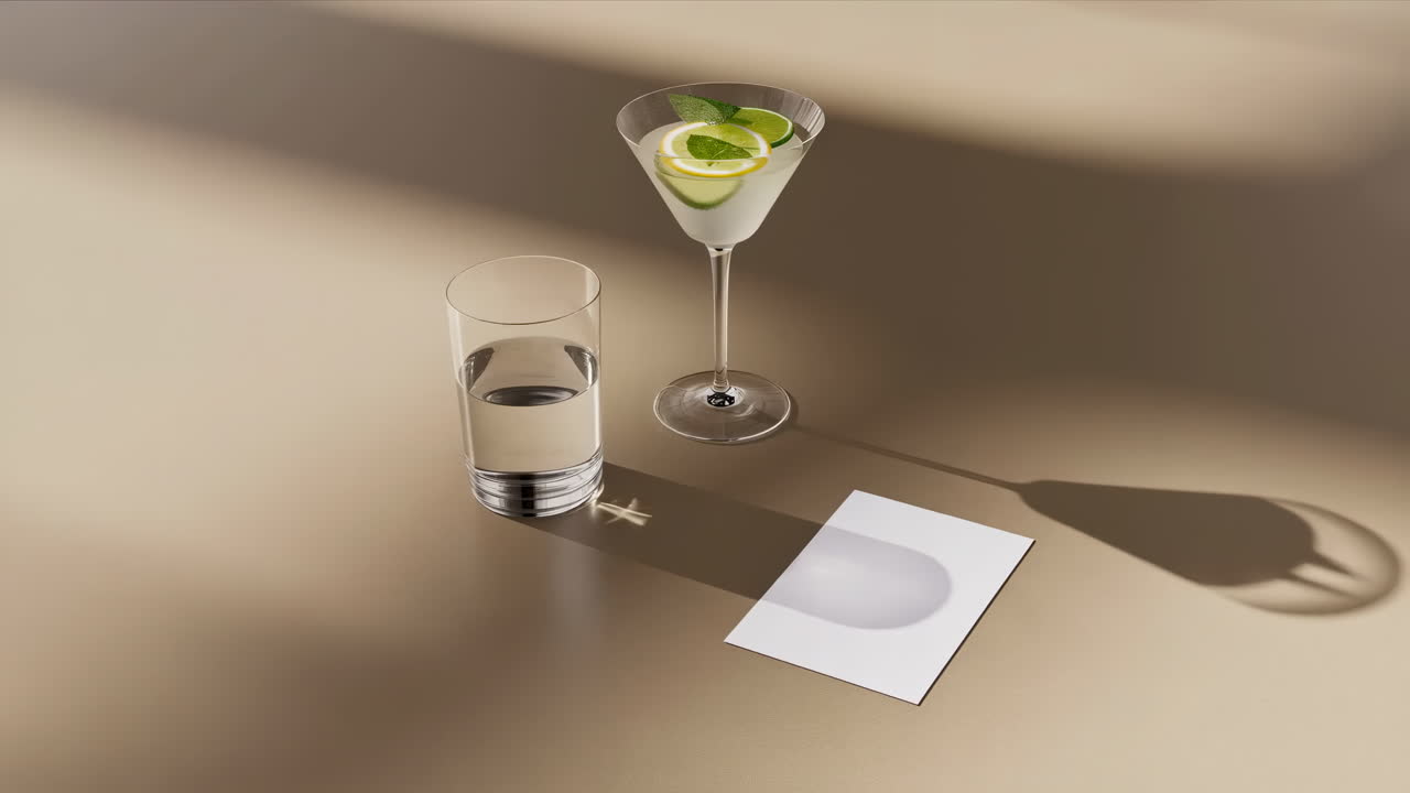 Natura morta con cocktail, bicchiere d'acqua e carta