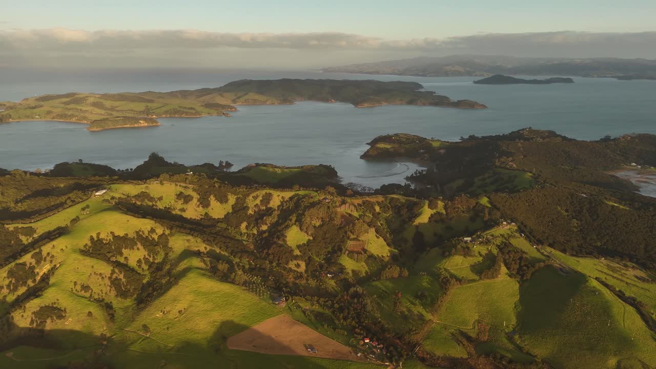 Waiheke Island, coastal hilly landscape at sunset, golden light illuminates lush green pasture and calm ocean, New Zealand. Aerial drone panoramic view