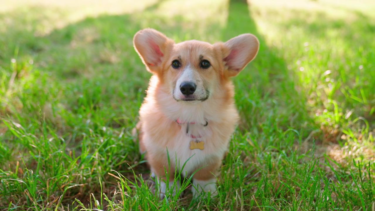 Cachorro Corgi adorable sentado atentamente en la hierba verde