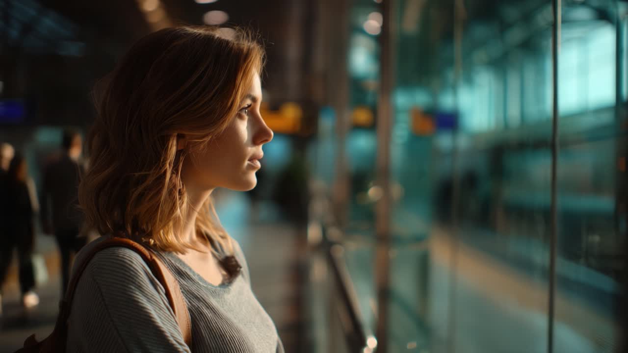 Una riflessione pensierosa: una giovane donna che guarda fuori da un terminal aeroportuale, catturando un momento di attesa e viaggio in un'atmosfera frenetica
